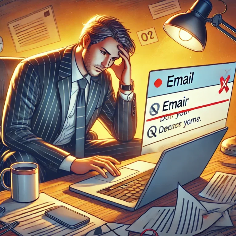 Frustrated business owner composing an email on a laptop, realizing a mistake in the recipient's name, highlighting the importance of avoiding common email mistakes in business communication